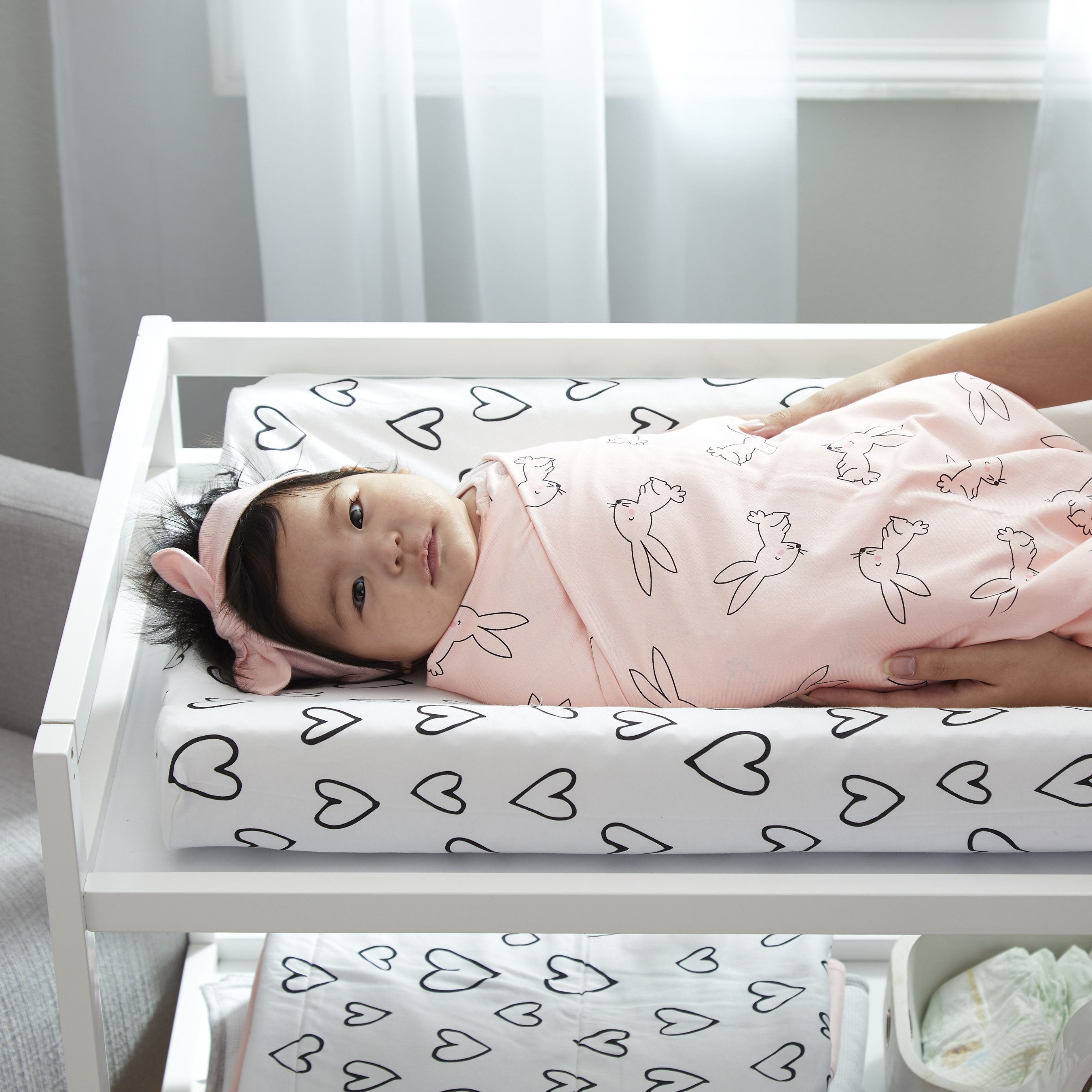 Little Star Organic Modern Female Pink Heart Bunny Cotton Baby Blankets, Reversible 2 Count