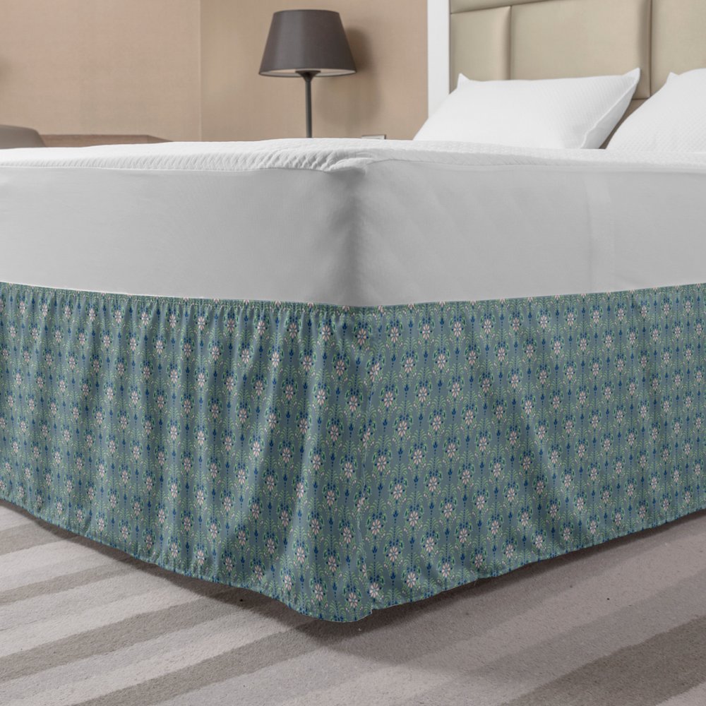 Dusty Blue Bed Skirt, Damask Inspired Orient Flourishing Details