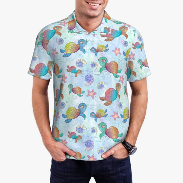 Fotbe Colorful Sea Turtle Camiseta Polo de Golf para Hombre con Estampado – Camisa Deportiva Transpirable con Cuello Abotonado-4X-Large