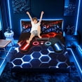 thumbnail image 3 of meiyoeat Gradient Gamepad Full Size Sheets for Boys Gamers, Neon Honeycomb Red Blue Gaming Bed Sheets, 4 Pieces, 1 Flat Sheet, 1 Fitted Sheet and 2 Pillowcases, 3 of 6