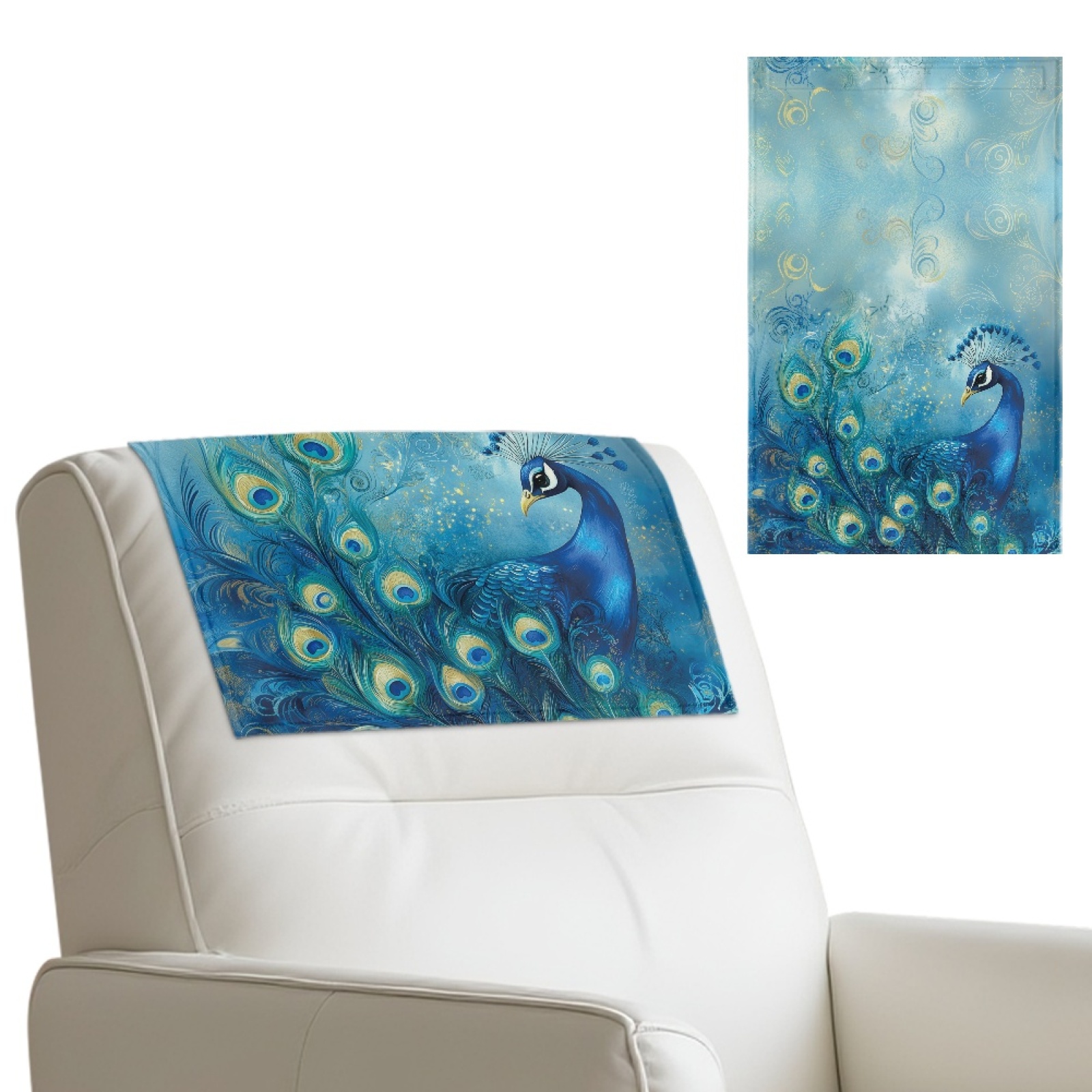 Xixirimido Blue Peacock Pattern Leather Recliner Headrest Cover Washable Recliner Headrest Protector Non Slip Chair Head Cover for Sofa Couch Furniture Decor, 3Pcs