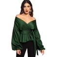thumbnail image 3 of Blusa cruzada con cuello en V, manga larga y volantes para mujer, 3 of 4