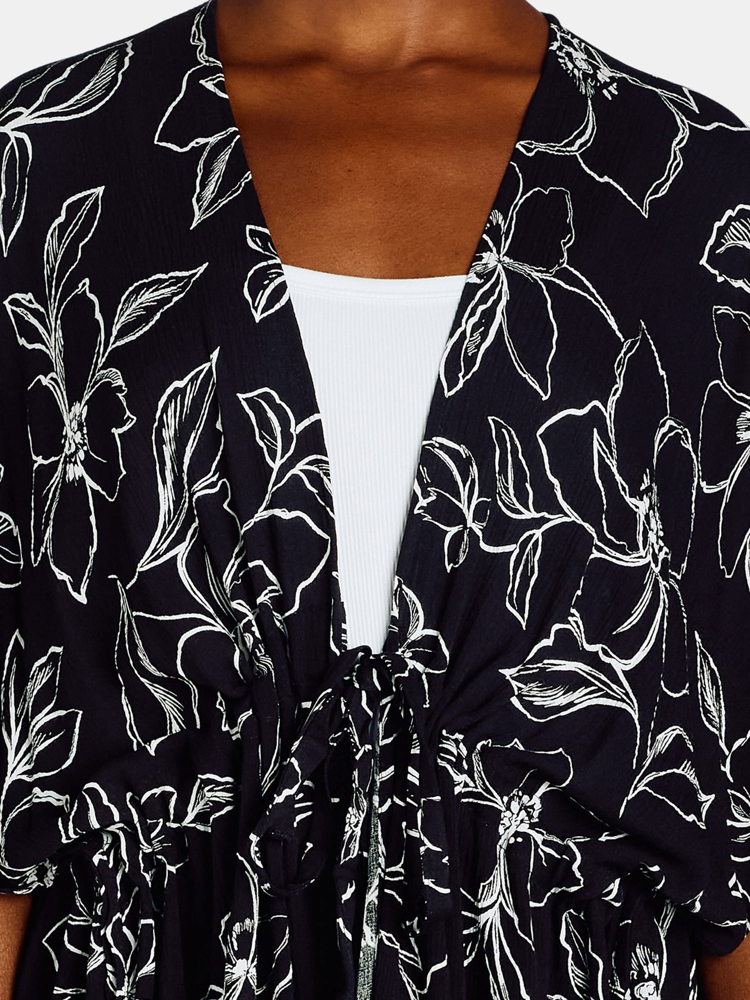 Time and Tru Women's Rayon Ruched Tie Front Print, S/M, Black Soot Floral