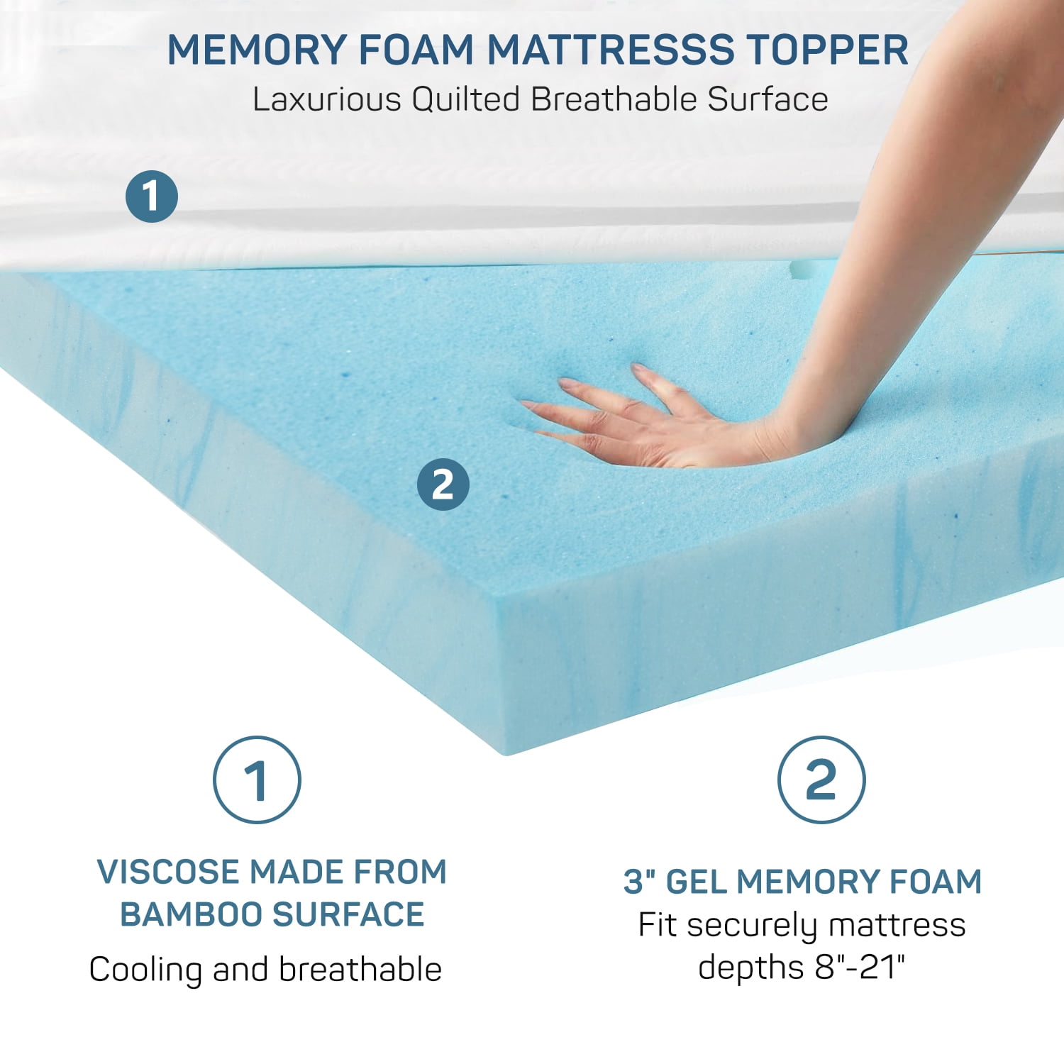 2 Inch TwinXL Mattress Topper With Cover, Foam Mattress Topper for Back Pain, Gel Infused Mattress Pad