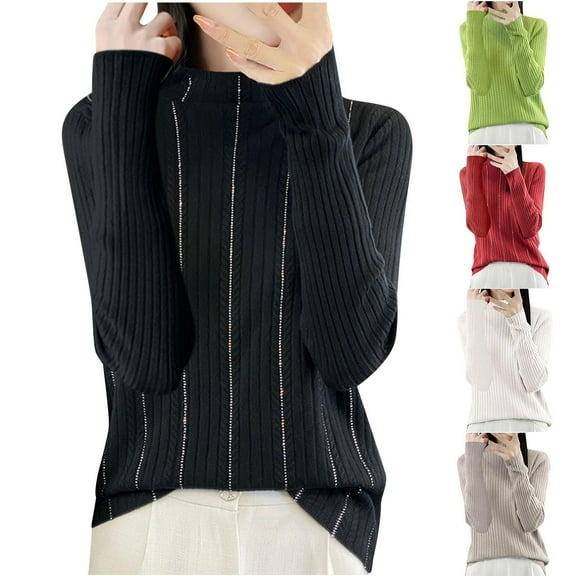 Fall Sweaters For Women Fashion Solid Color Crew-neck Temperament Sparkling Inlay Brick Inlaid Loose Fitting Knitted Turtleneck Black Pullover Winter Sweaters (XL)