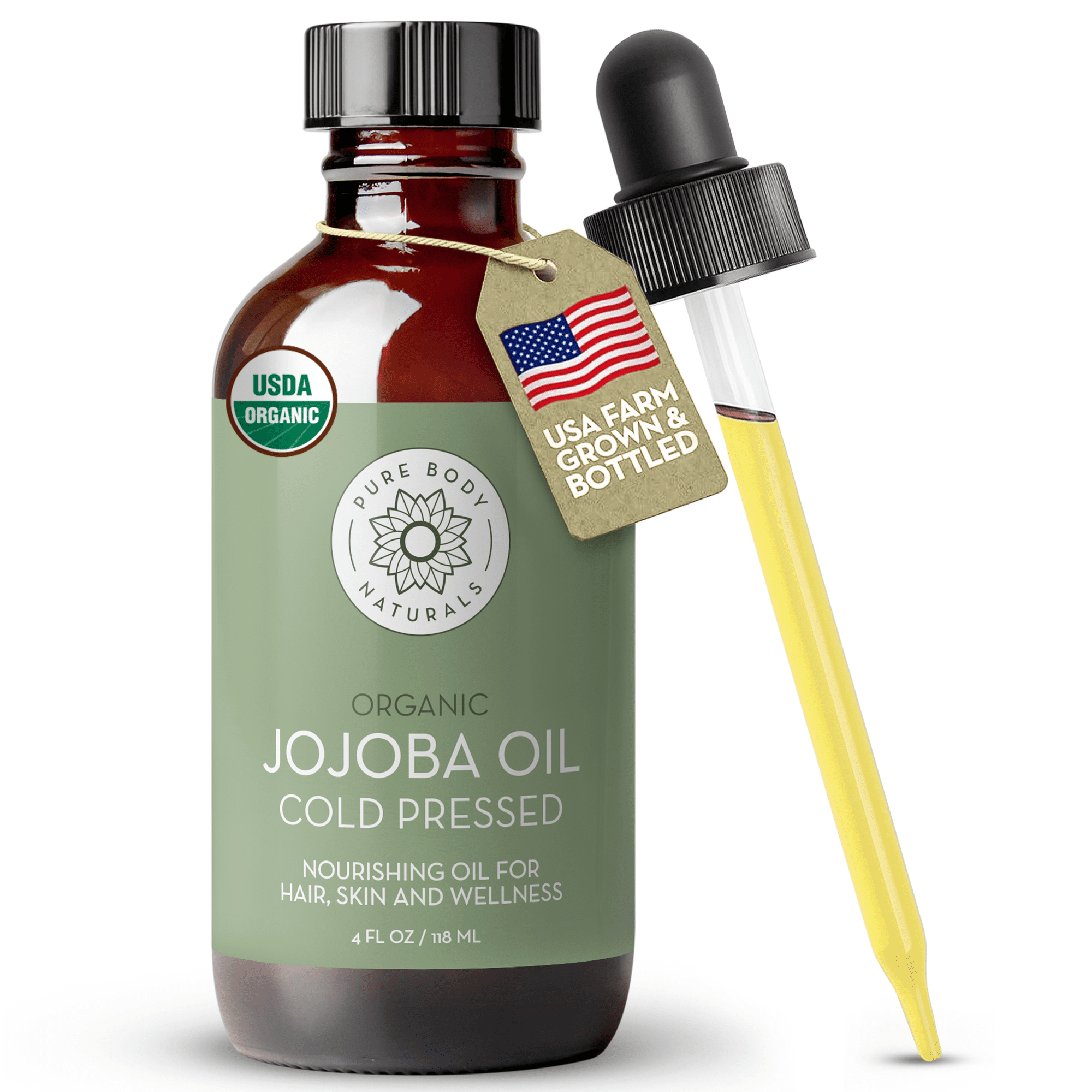 Pure Body Naturals Organic Jojoba Oil for Skin, Face, Hair & Nails - 100% Pure, USA-Sourced, 4 Fl Oz