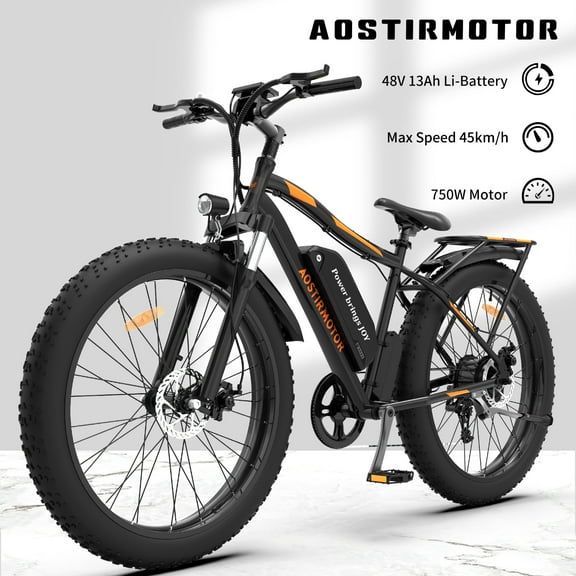 Aostirmotor Electric Mountain Bike, 750W Motor 48V 13AH Removable Lithium Battery Ebike with Rack, 26" 4.0 inch Fat tire Bike, Electric Bicycle for Adults(Black)UL2849