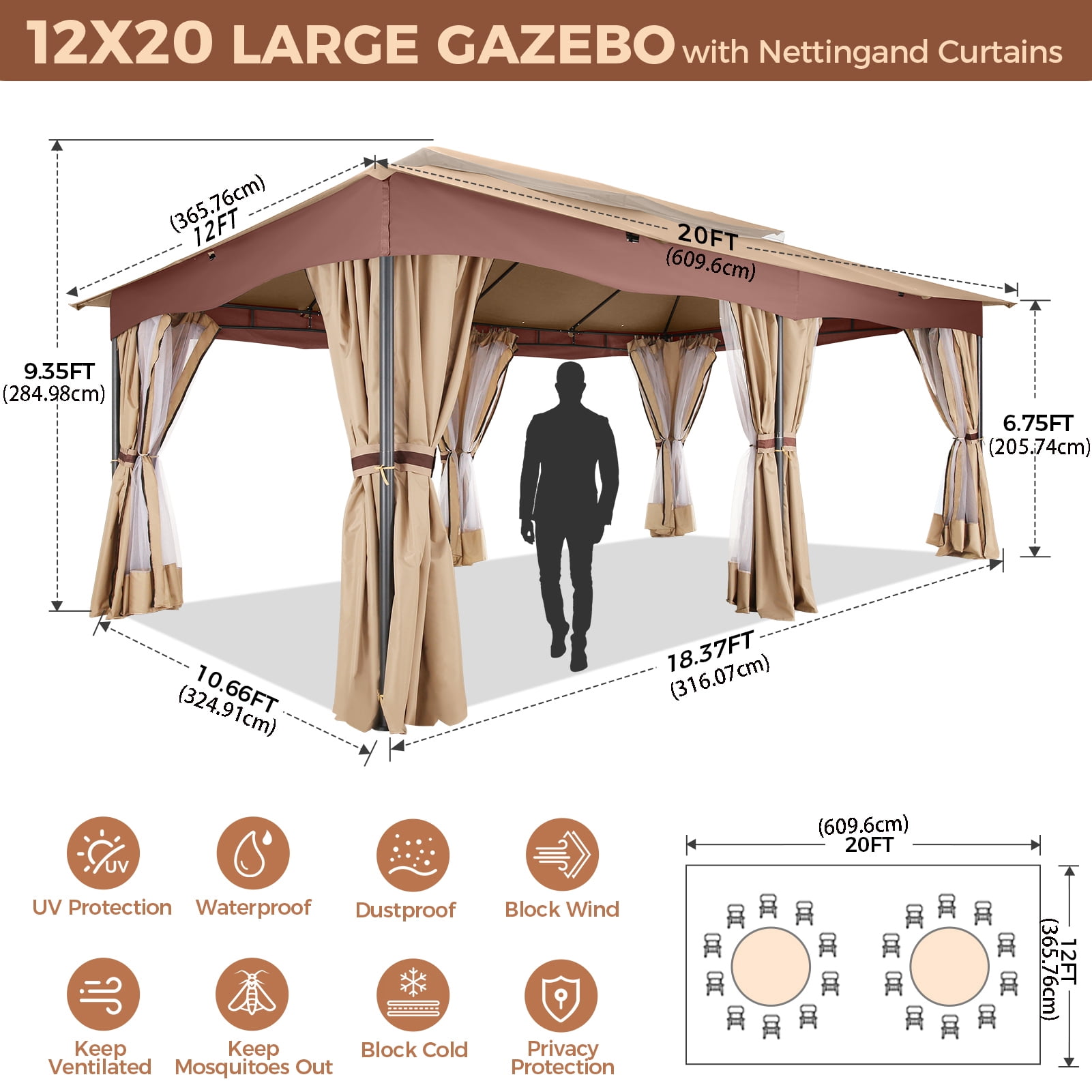 HOTEEL Heavy Duty 12X20 Outdoor Patio Gazebo with Mosquito Netting Curtains,Double-Roof Canopy Tent Gazebo for Parties,Backyards,Gardens,Khaki