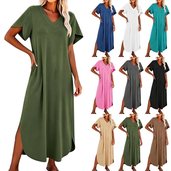 Tqcoqu Women's V Neck Short Sleeve Side Slit Loose Maxi Casual Dresses with Pockets,Army Green Women's S-XXL