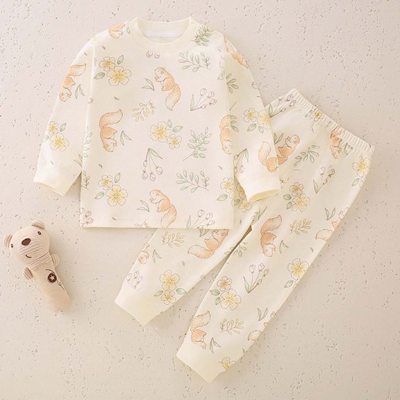 Antinious Casual Long Sleeve Suits for Kids,Toddler Winter Long Sleeve Outfits Sets,Children's Printed Home Two-piece Long Sleeved Round Neck Top/shirt Set,Beige,90