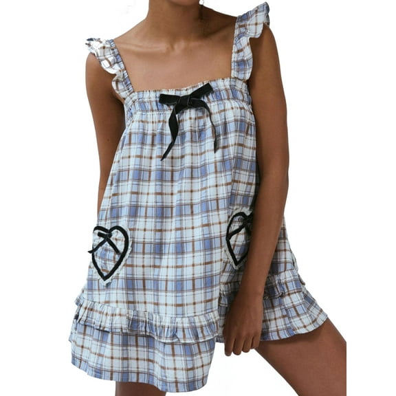Women Cute Floral Printed Mini Dress Sleeveless Front Loose Ruffled Short Dress Summer Gingham Babydoll One Piece Blue L