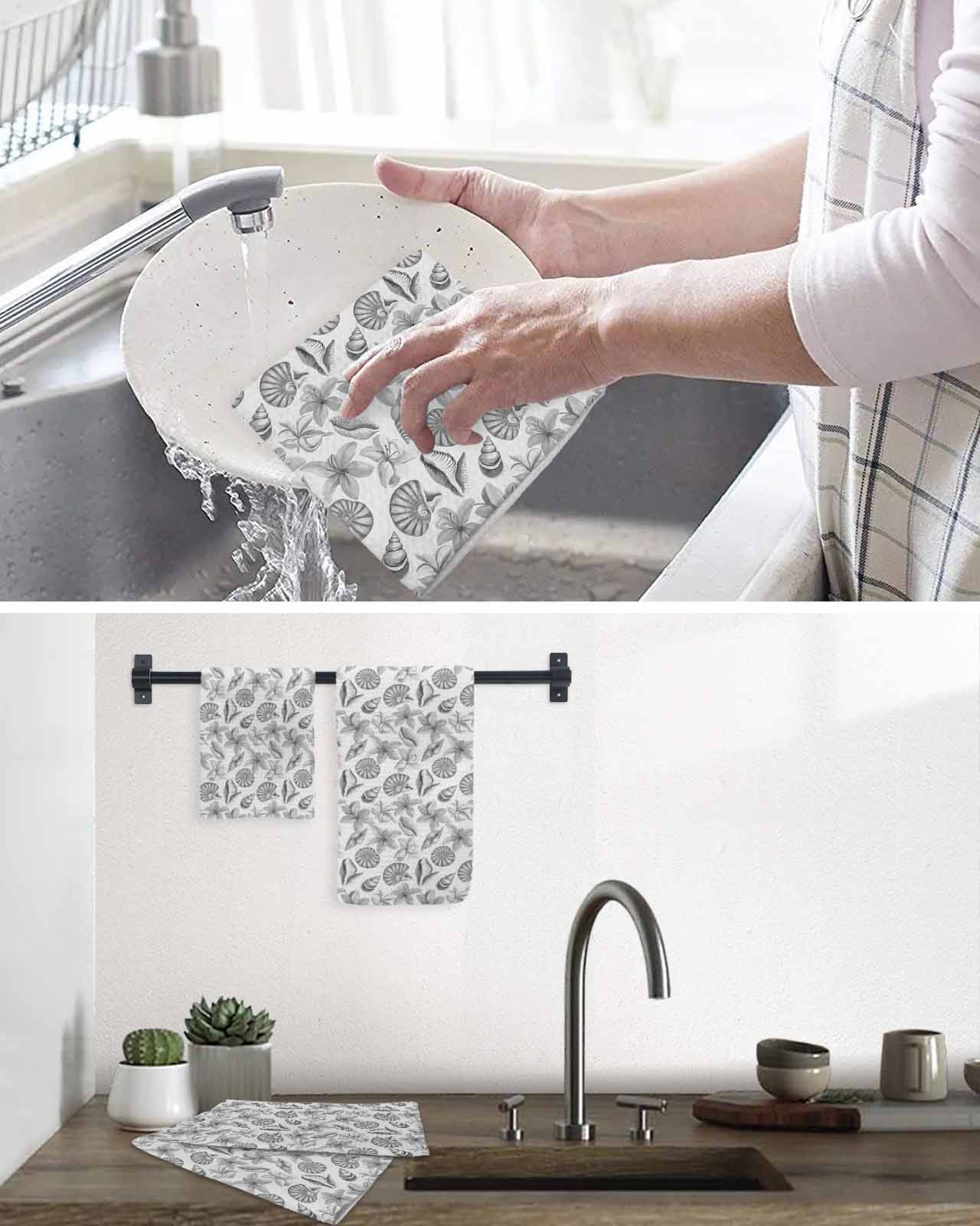 Grey Coastal Kitchen Dish Towels for Drying Dishes Set of 2, Shell Floral Ocean Retro Waffle Weave Microfiber Terry Hand Tea Bathroom Towels Quick Dry & Absorbent Towel 15.7x23.6