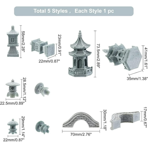 1bag SUPERFIDINGS 5 styles Pagoda Lantern Garden Statue Japanese Pagoda Lamp Lantern Stone Footbridge Figurines for Landscape Balcony Garden Patio Porch yard Art Ornament
