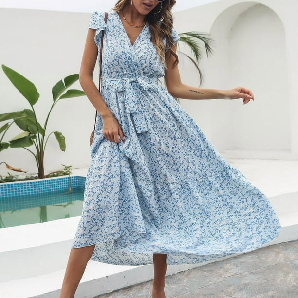 jovati Womens Dress Clothes Womens Casual Sexy Fashion Summer Floral Ruffle V Neck Short Sleeve Printed Swing Maxi Dress Walmart