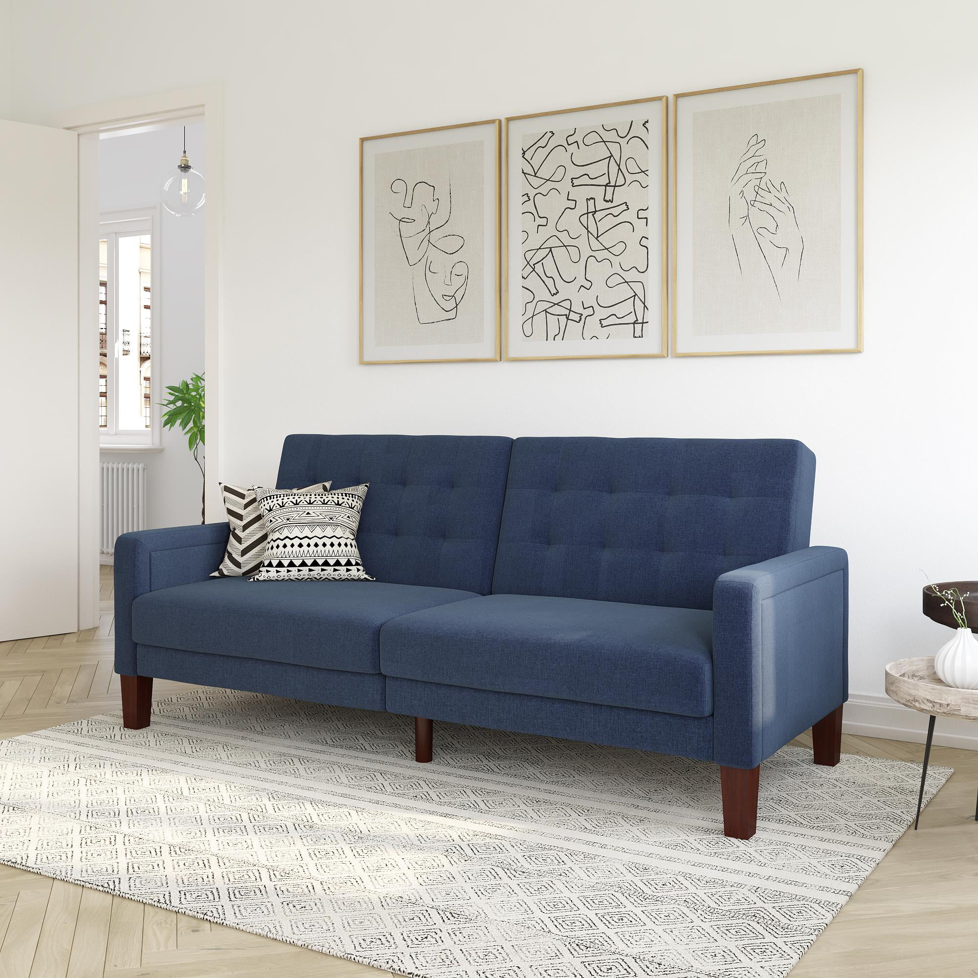 Modern Sofa Loveseat with Tufted Linen Fabric Dark Blue Living Room Couch 