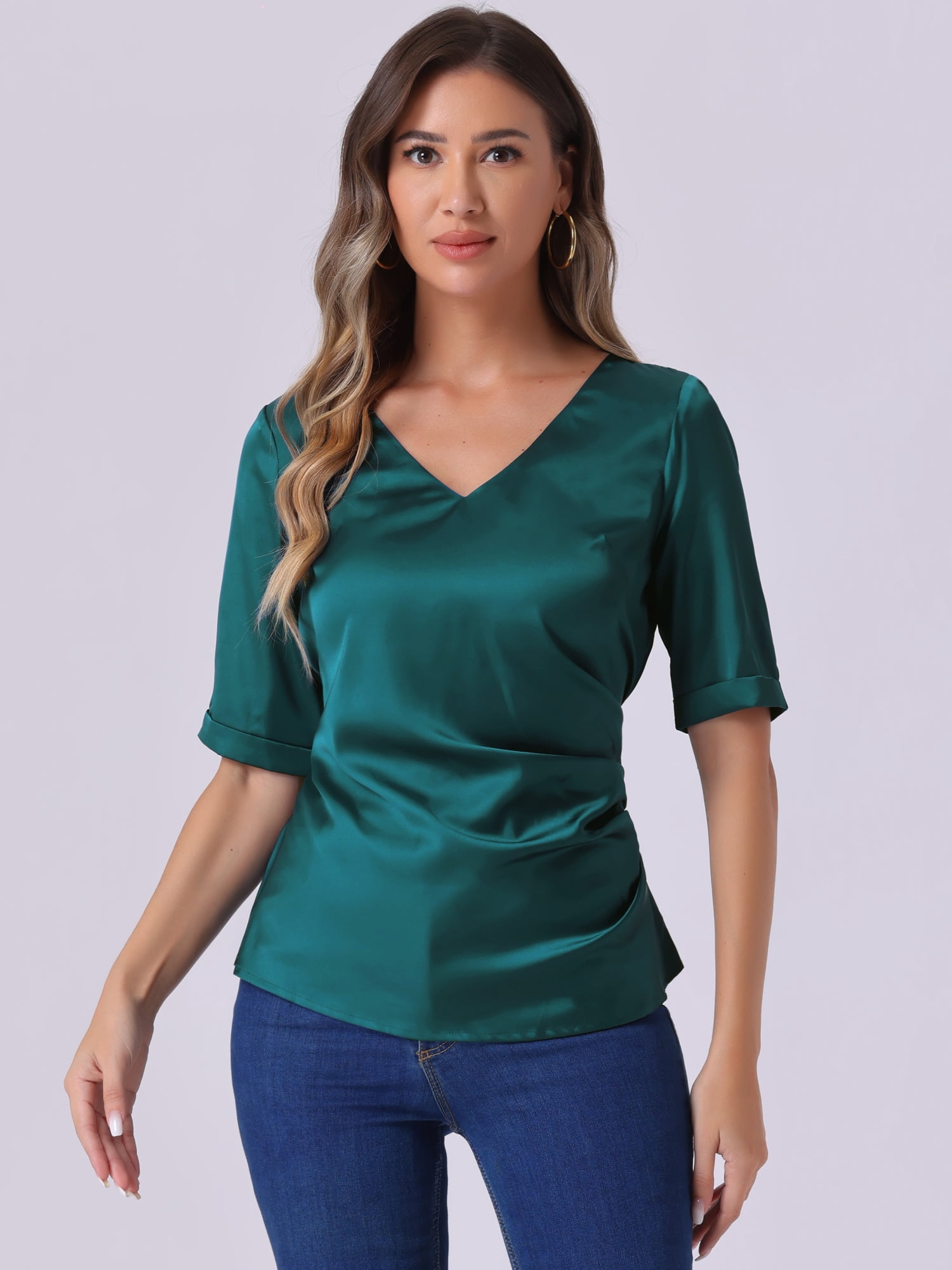 DARING DIVA Women's Satin V Neck Short Sleeve Ruched Tie Back Tops S Blue Green