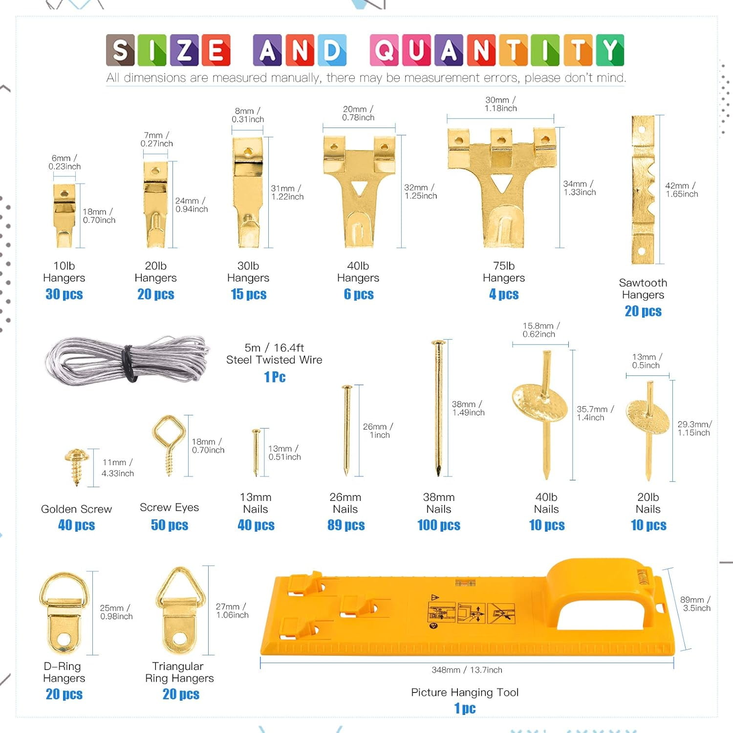 307Pcs Picture Hanging Kit, Picture Frame Hanger Tool with Level Ruler and 306Pcs Nails, H s, Hanging Wire, Screw Eyes, D Ring and Sawtooth Hanger for Frame Hanging Wall Mounting