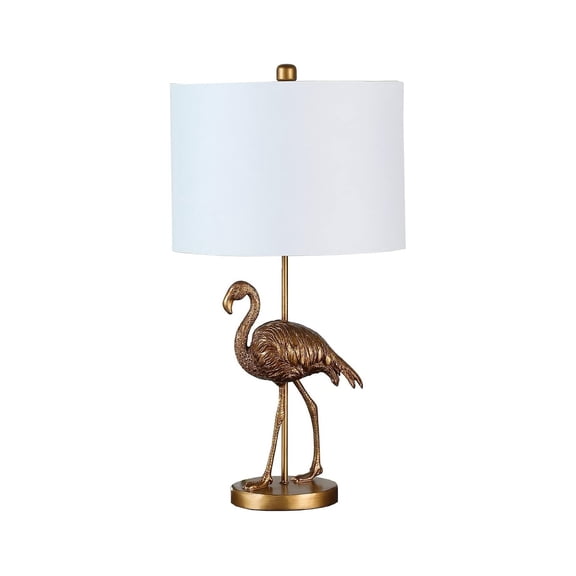 Homestock Eclectic Elegance 26" Flamingo Figurine Resin Table Lamp with White Fabric Shade, Matte Gold Finish, 14" x 14" x 26", indoor Table-Top Accent Lamp