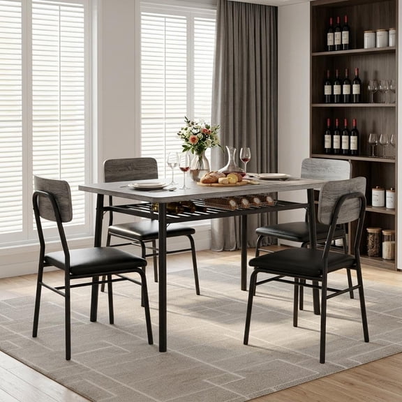 Dining Table Set for 4, Modern Wood Kitchen Table with Upholstered Chairs, Space-Saving Dining Room Furniture with Storage Rack for Small Spaces,Gray