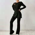 thumbnail image 2 of Women's Long Sleeve Two Piece Outfits Casual Knit Top Wide Leg Loungewear Solid Color Crew Neck Sweater Tracksuits (Black M), 2 of 6