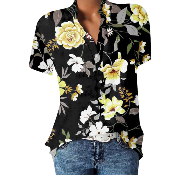 Gibobby Playera de Verano para Mujer Camiseta manga corta con estampado flores y cuello en V encaje informal a la moda verano para mujer(Negro,CH)