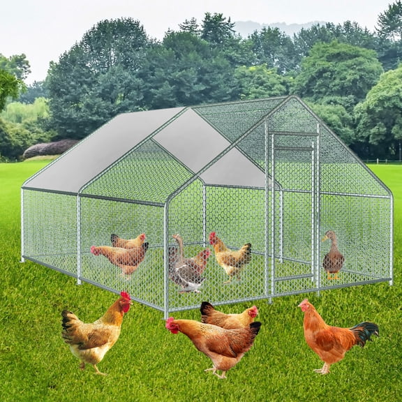 10' x 13' Large Metal Walk-in Chicken Coop with Waterproof Cover, Outdoor Poultry Run for Backyard, Galvanized Steel Frame