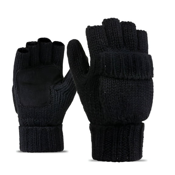 GJX Thermal Insulation Fingerless Texting Wool Gloves for Women and Men Winter Warm Knitted Convertible Mittens Flap - Black