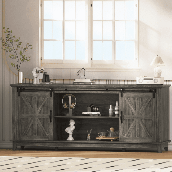 Accreate 66" Large Farmhouse TV Stand for TVs up to 75 Inches, Rustic Wood Entertainment Center with Barn Doors, Storage Cabinet, Adjustable Shelf, Charging Ports, Cable Management for Living Room