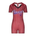 thumbnail image 4 of Short Sleeve V-Neck Loose Fit Polyester Bodysuit,Baseball Fashion Printed Jumpsuit for Women, 4 of 6