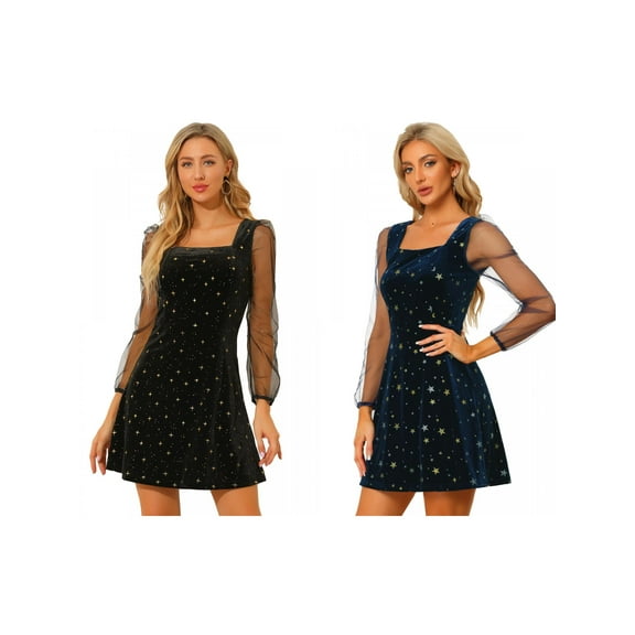 NOMADIC NOOK Women's Mesh Sheer Puff Long Sleeve Square Neck Shiny Star Velvet Mini Short Dress 2 Packs X-Small Black/Deep Blue