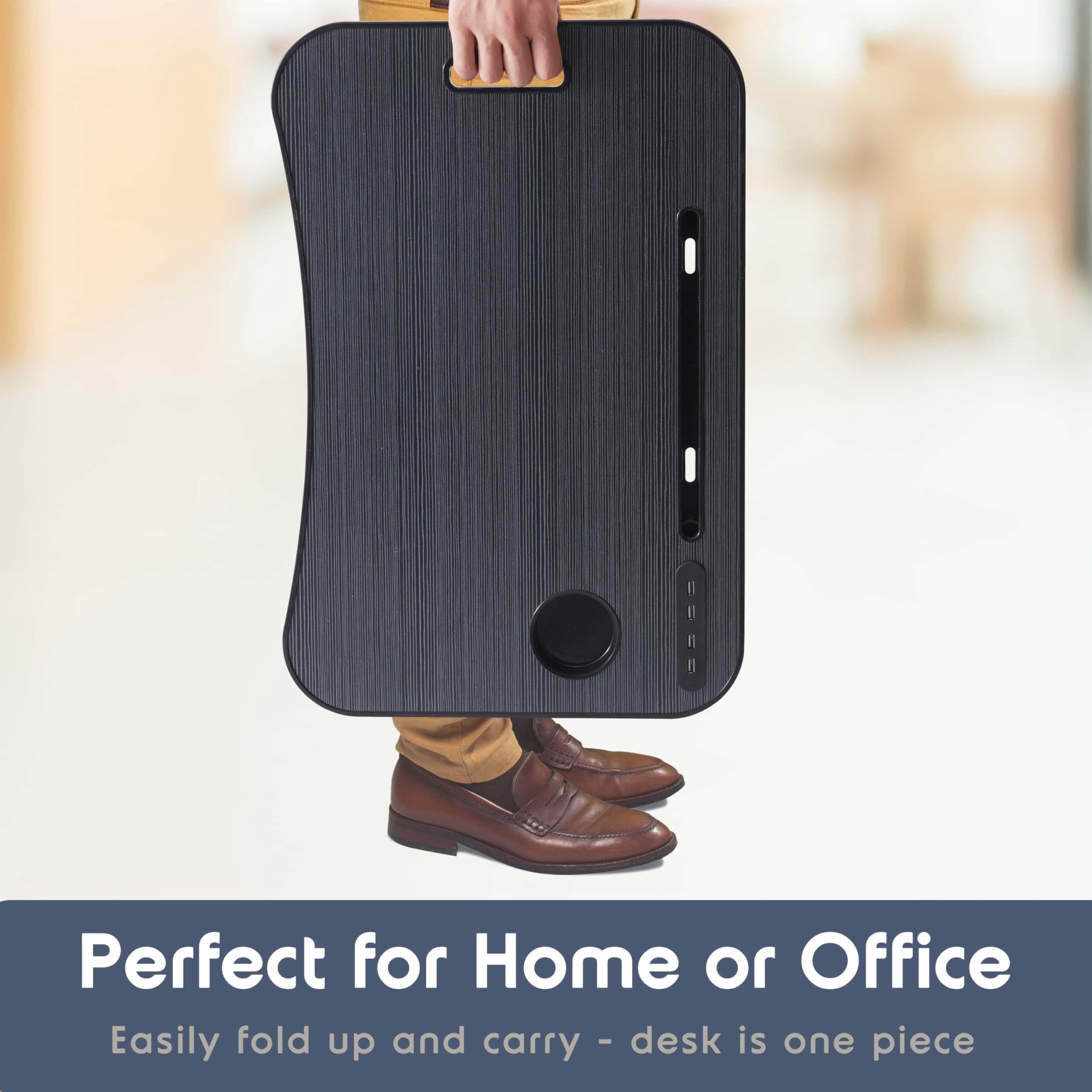 Foldable Lap Desk - Portable Laptop Stand For Bed  Couch Work Reading & Writing Table With Usb Ports Large Tray Black