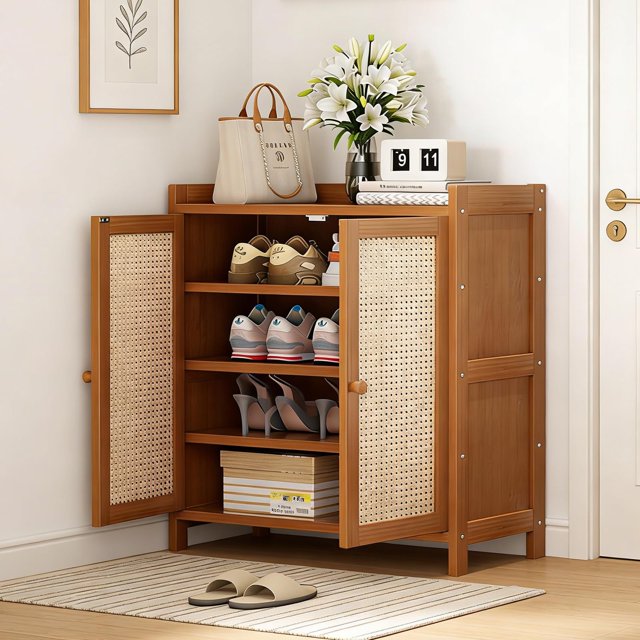 Mueble zapatero con puertas de ratán, organizador de 4 niveles para 12 pares de zapatos, zapatera de bambú, parte superior para bolsos y llaves (60x33