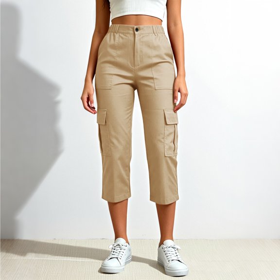 Womens Capri Pants Lightweight Loose Straight Multi‑Pocket Cropped Hiking Pants Beige