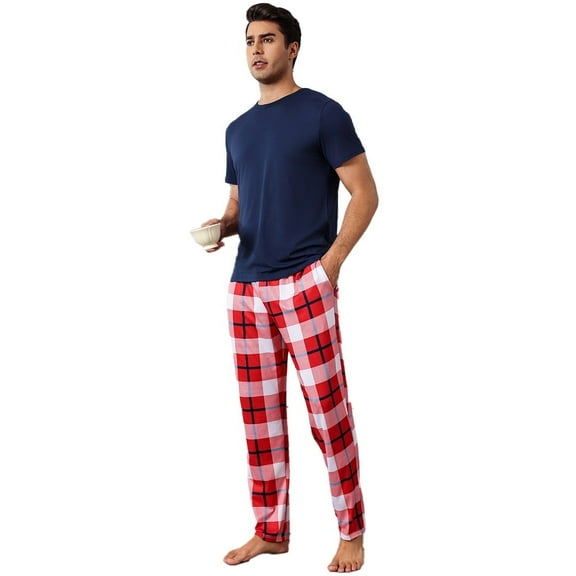 New men's pajama set featuring printed checkered pattern, loose fit, suitable for wearing outside, suitable for home use