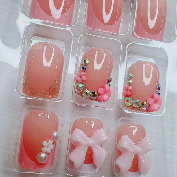 24Pcs French Tip Press on Nails Short with Charms Bow Flower