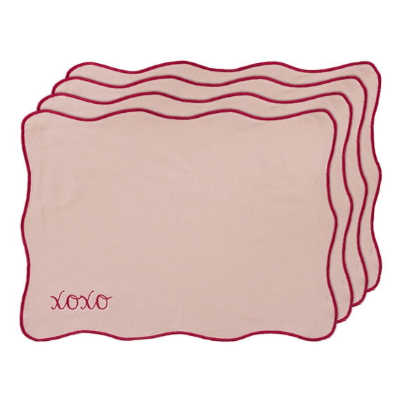 XOXO Scallop 4 Pack Table Placemat Set - 14" x 19" Each - 100% Cotton, Pink & Red