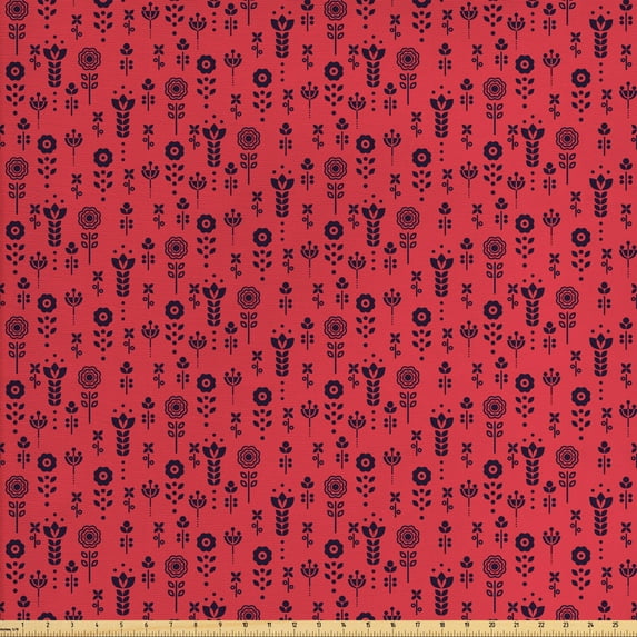 Floral Fabric by the Yard, Repetitive Scandinavian Style Pattern with Flowers Bicolour Graphic, Upholstery Fabric for Dining Chairs Home Decor Accents, Dark Coral and Indigo by Ambesonne