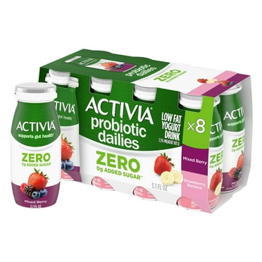 Activia Zero 0g Added Sugar* Strawberry Banana and Mixed Berry Probiotic Dailies, Lowfat Probiotic Yogurt Drinks, Zero 0g Added Sugar, 3.1 fl oz, 8 Count