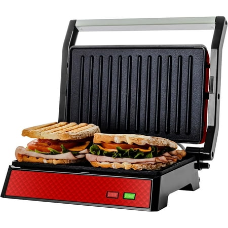 OVENTE Electric Indoor Panini Press Grill and Sandwich Maker with Non-Stick Coated Plates, Opens 180 Degrees to Fit Any Type or Size Food, Temperature Control and Removable Drip Tray, Red GP0620R