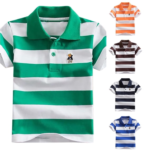OSOLU Boys Polo Shirt Short Sleeve Lapel Striped cute Embroidery Button Placket Casual Pullover Tops Green