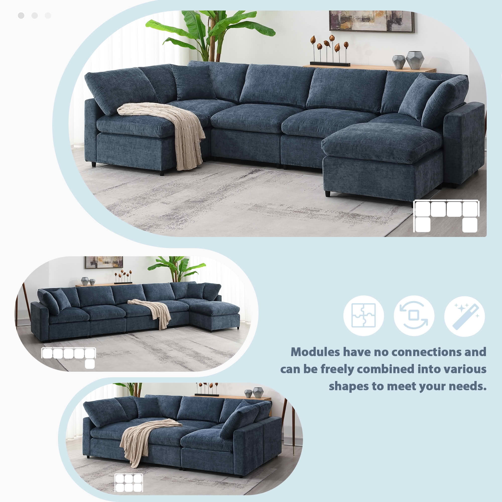 MAYEERTY 130x65" Modular Cloud Sofa Bed - 6-Seat Chenille, Convertible U-Shaped with Ottoman
