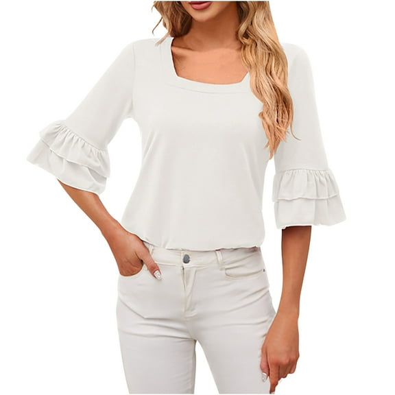 Besolor Going out Tops for Women Square Neck Ruffle Half Sleeve Shirts Casual Solid Color Summer Tunic Blouse
