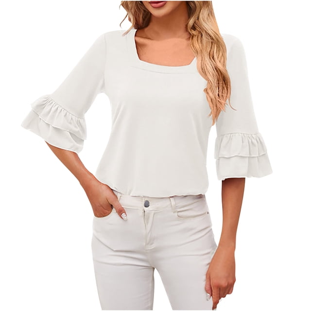 AherBiu Womens Tops Dressy Casual Ruffle 1/2 Sleeve Square Neck Elegant Shirt Blouse Solid Color