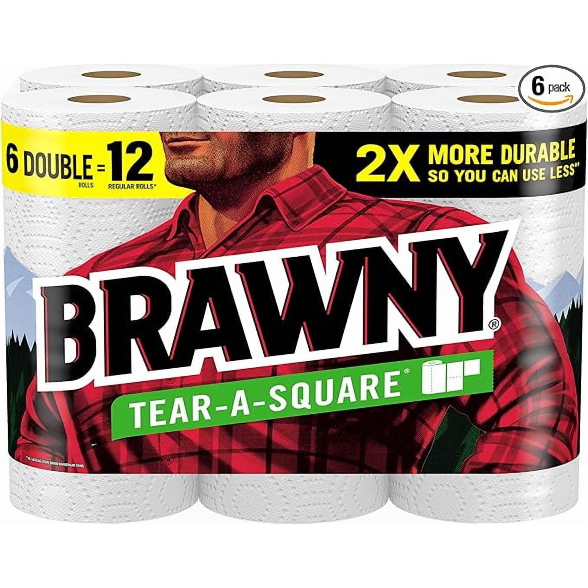 Brawny Tear-A-Square Paper Towels, 6 Double Rolls = 12 Regular Rolls, 3 Sheet Sizes (Quarter, Half, Full), Strength for All Messes, Cleanups, and Meal Prep