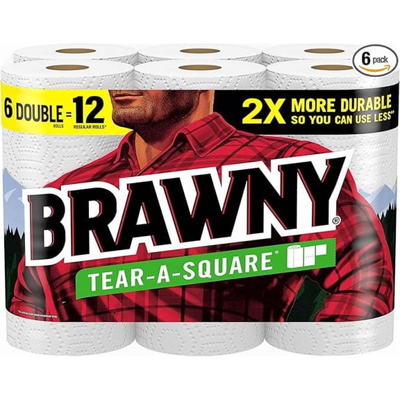 Brawny Tear-A-Square Paper Towels, 6 Double Rolls = 12 Regular Rolls, 3 Sheet Sizes (Quarter, Half, Full), Strength for All Messes, Cleanups, and Meal Prep
