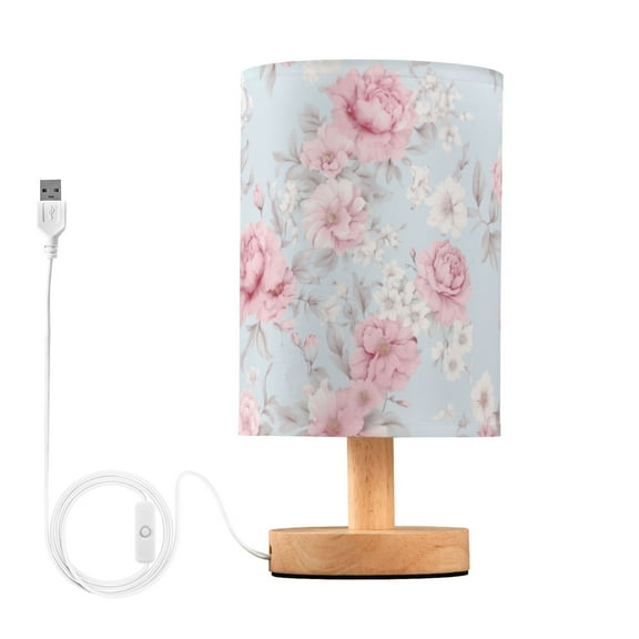 Pink Flowers Floral Bedside Table Lamp LED Warm Lights with USB Charging Port Retro Cylinder Desk Lamps