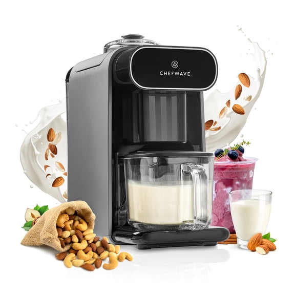 ChefWave Milkmade Non-Dairy Milk Maker (Silver/Black) – 6 Program, Auto-Clean Nut Milk Machine with Nut Platter (Almonds, Cashews, Walnuts, Hazelnuts)