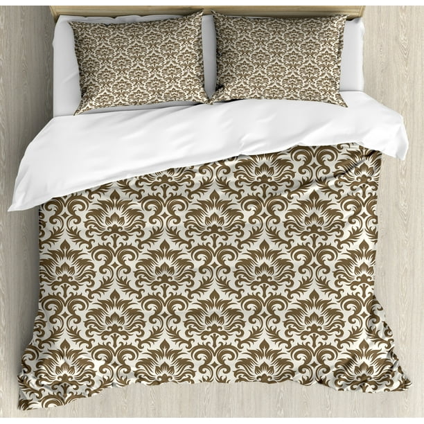Damask Duvet Cover Set, Floral Damask Featuring Scrolled Motifs Antique