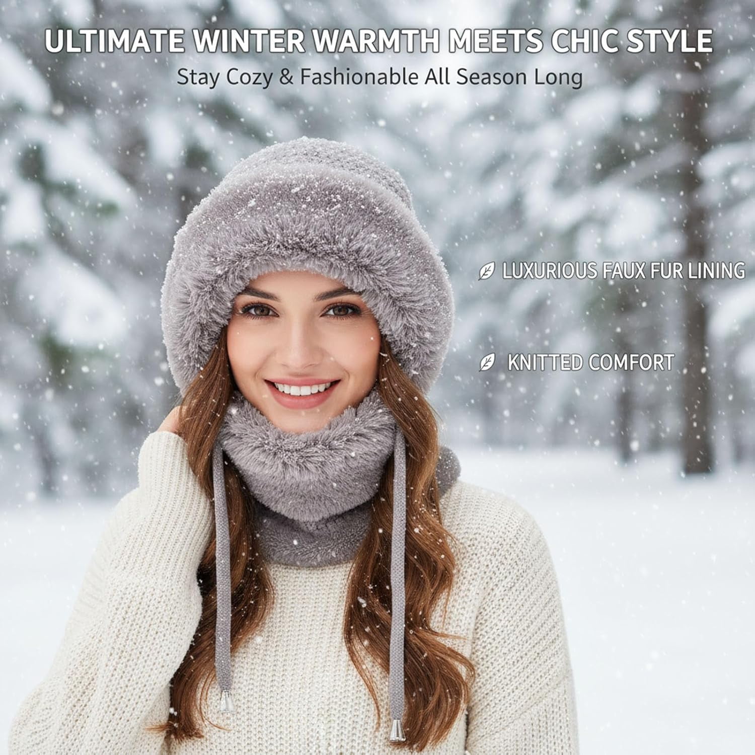 3 in 1 Beanie Hat with Scarf & Mask, Women's Winter One-Piece Knitted Balaclava