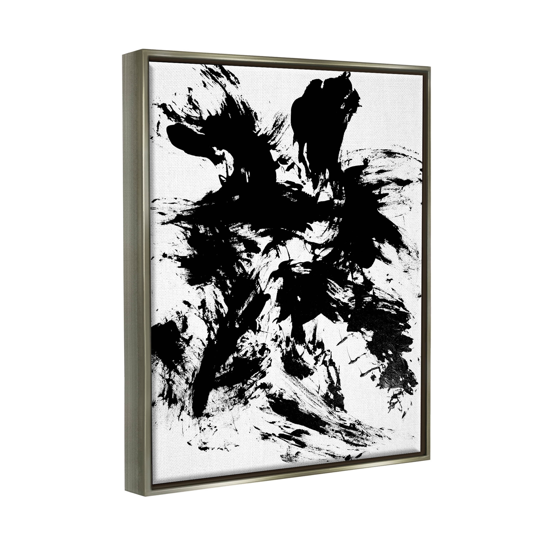 Contemporary Black Ink Strokes Abstract Graphic Art Luster Gray Framed Art Print Wall Art